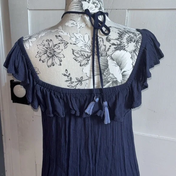 Blue Halter Top Summer Dress Flirty Floral Embroidery Ruffle Off Shoulder XS - Picture 5 of 9